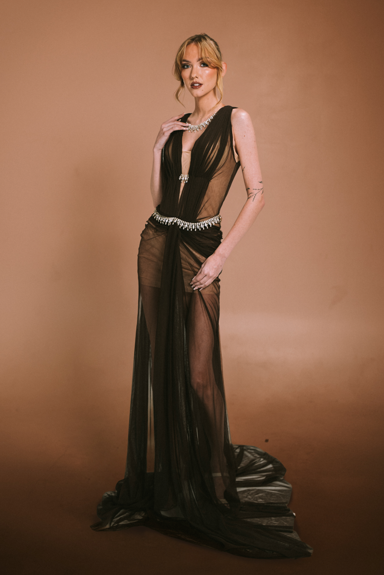 Embellished Sheer Brown Dress