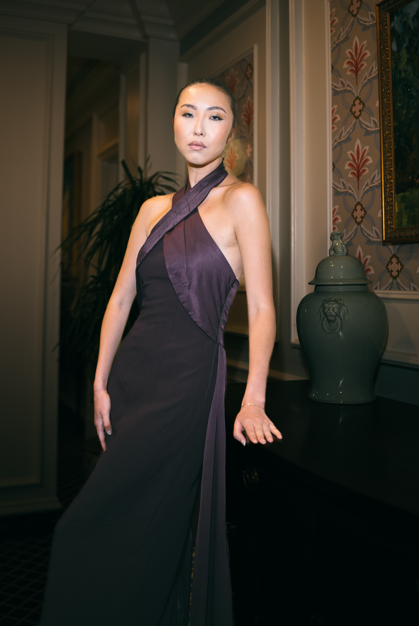 Brown Satin Halter Dress