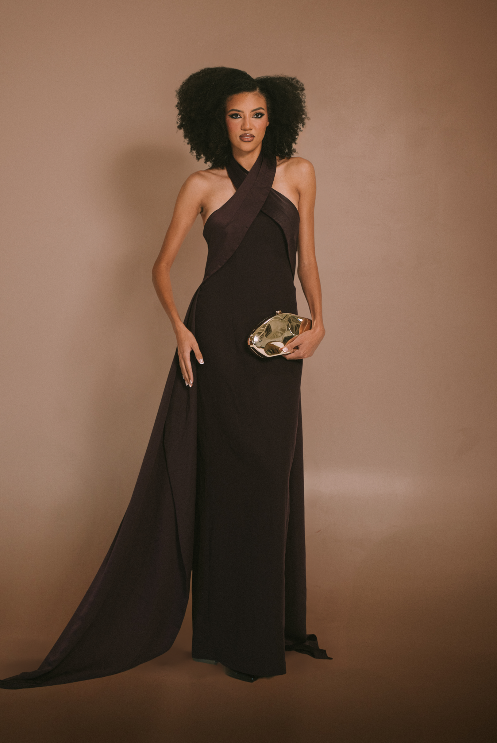 Brown Satin Halter Dress
