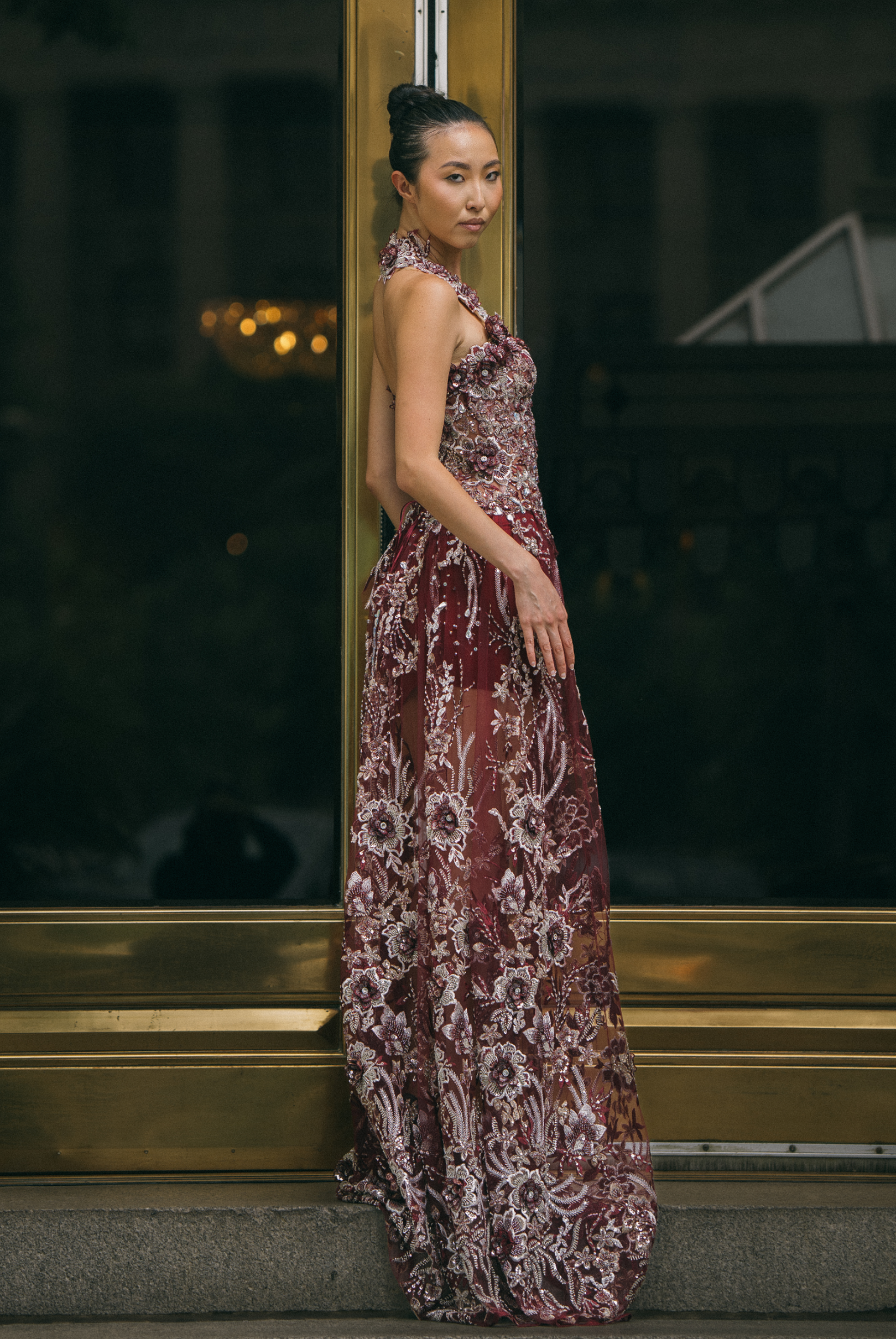 Red Embellished Low-cut Dress