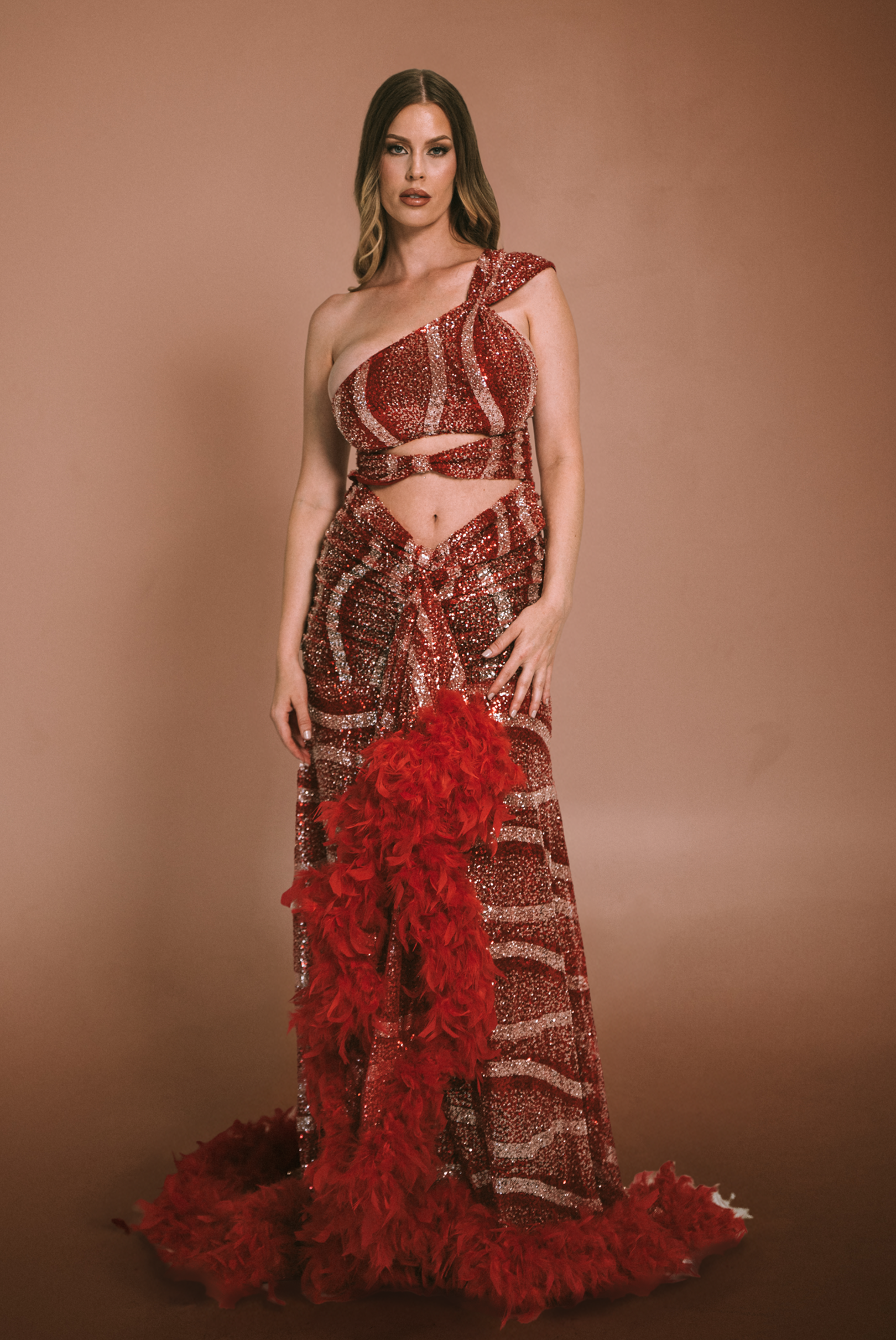Red Embellished One Shoulder Feather Trim Dress