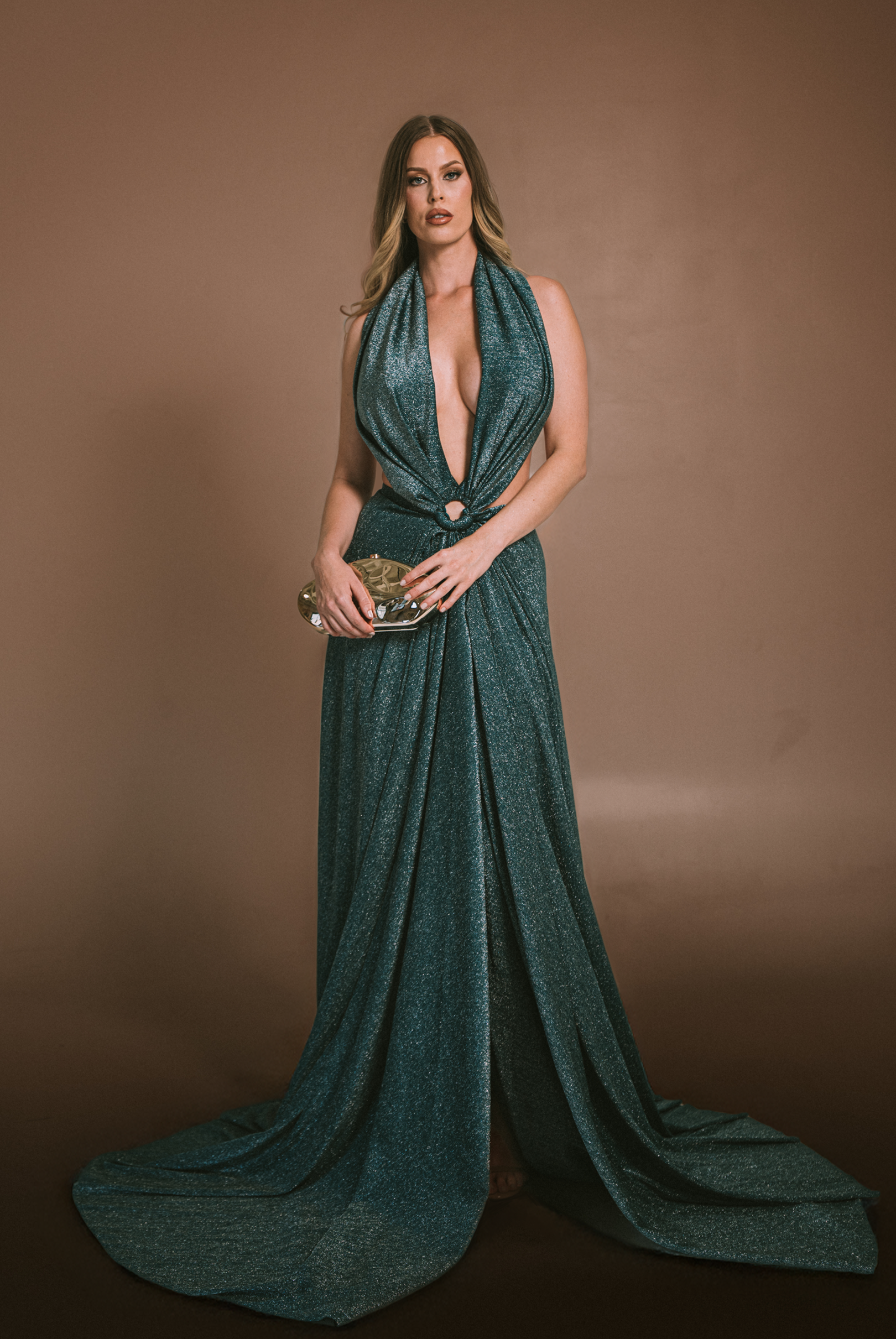Shimmery Teal Low Cut Halter Dress