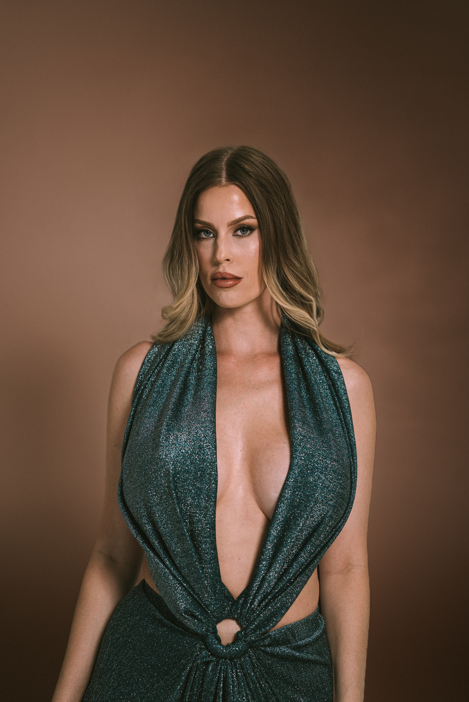 Shimmery Teal Low Cut Halter Dress