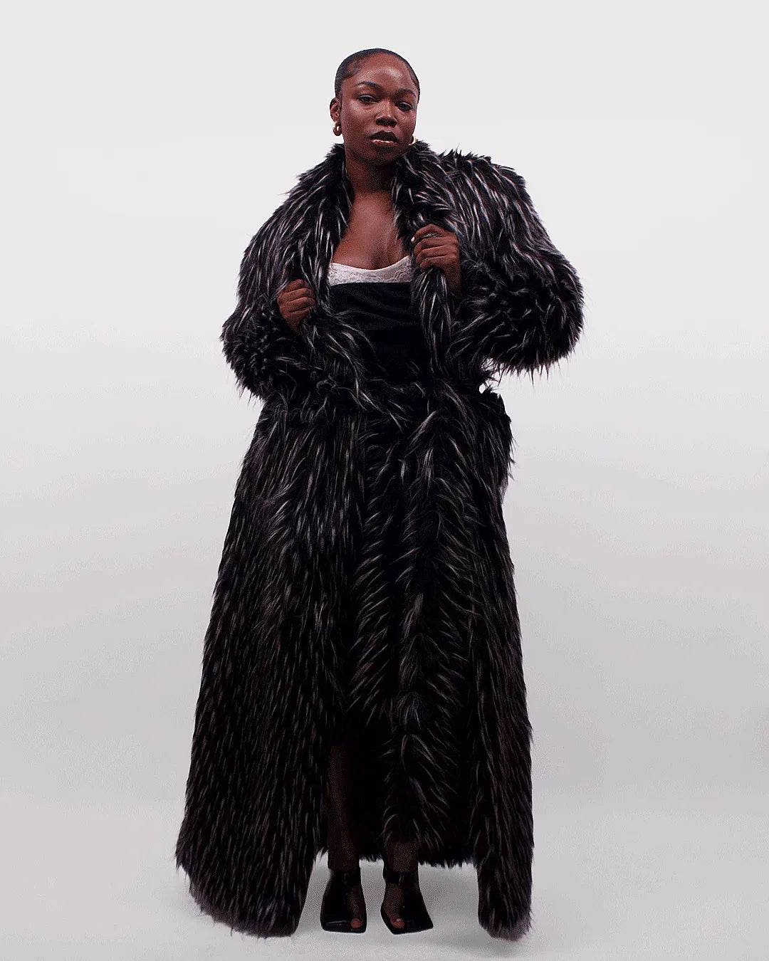 Black &amp; White Speckled Faux Fur Maxi Coat
