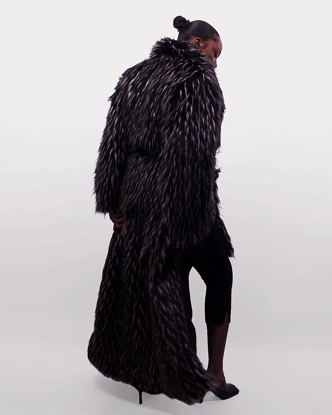 Black &amp; White Speckled Faux Fur Maxi Coat