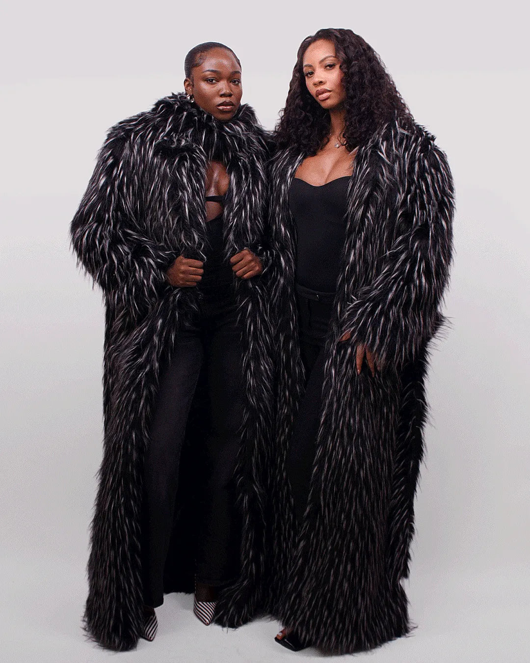 Black &amp; White Speckled Faux Fur Maxi Coat