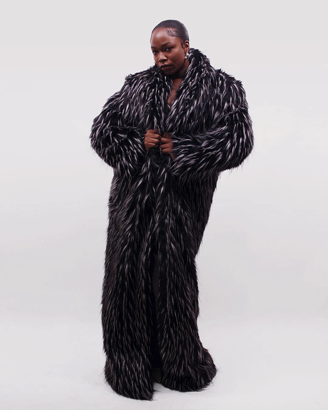 Black &amp; White Speckled Faux Fur Maxi Coat