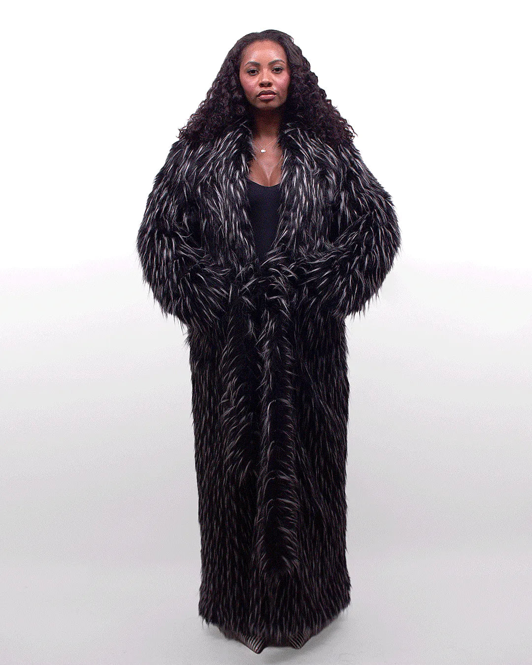 Black &amp; White Speckled Faux Fur Maxi Coat