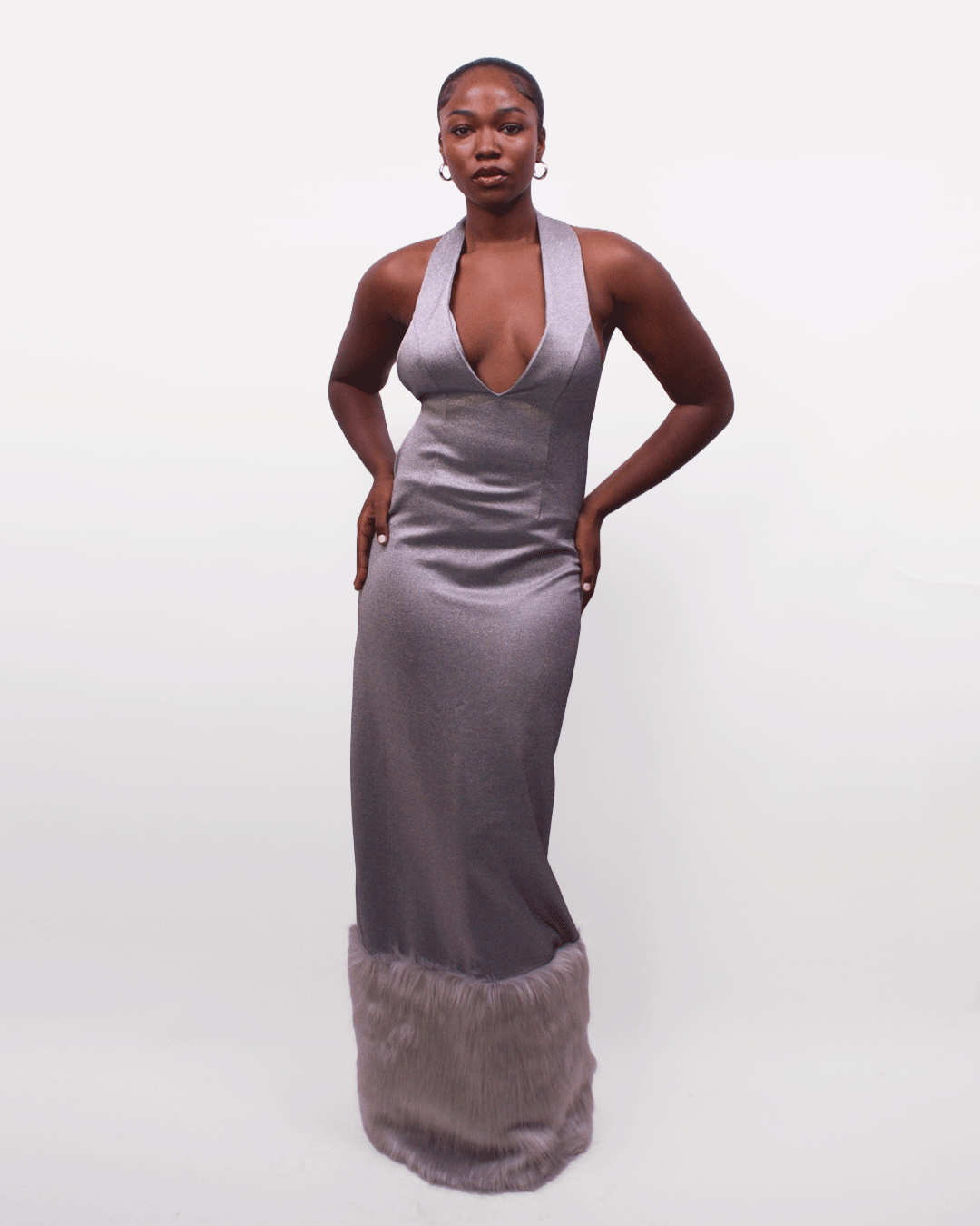 Silver Halter Fur-trim Dress