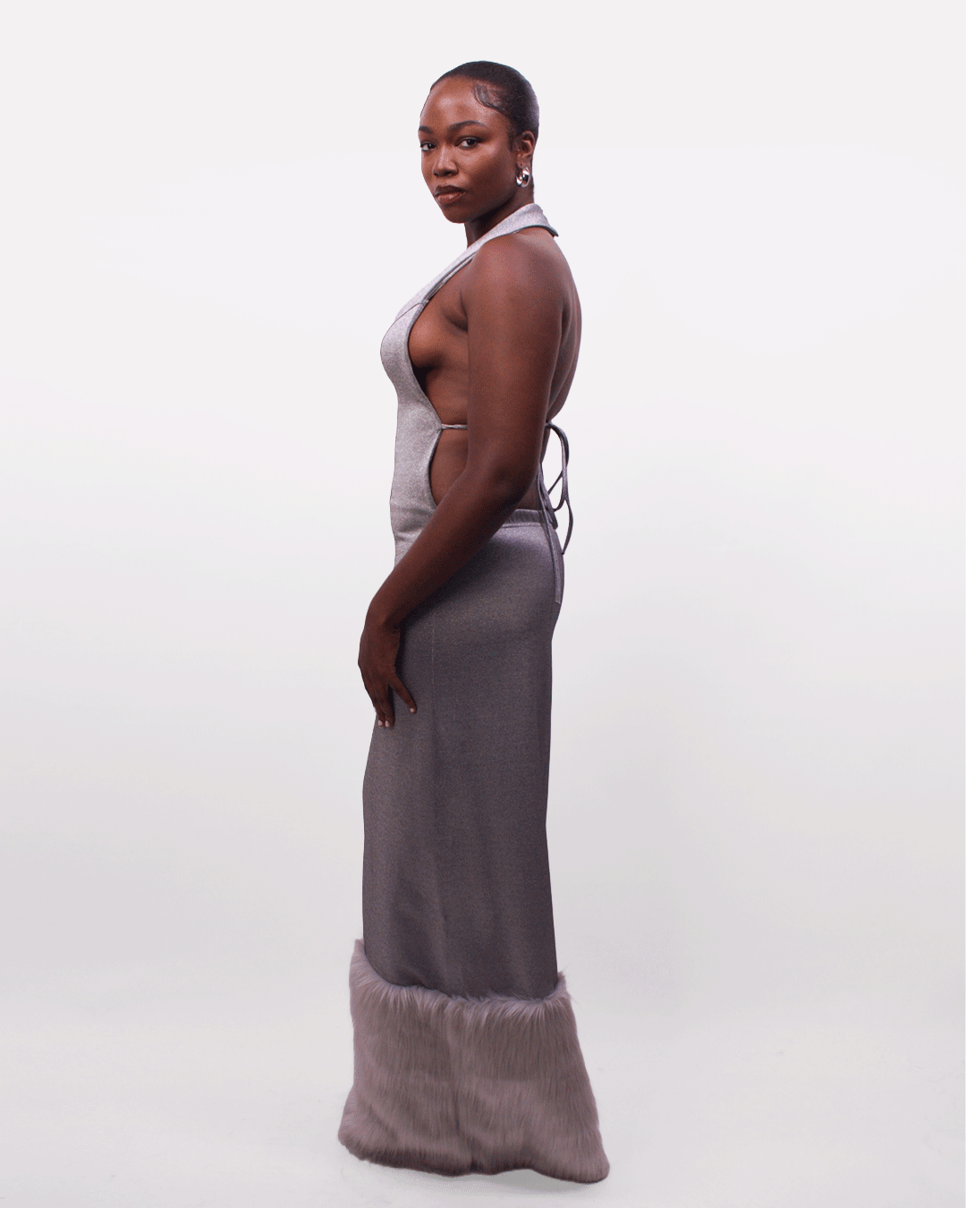 Silver Halter Fur-trim Dress