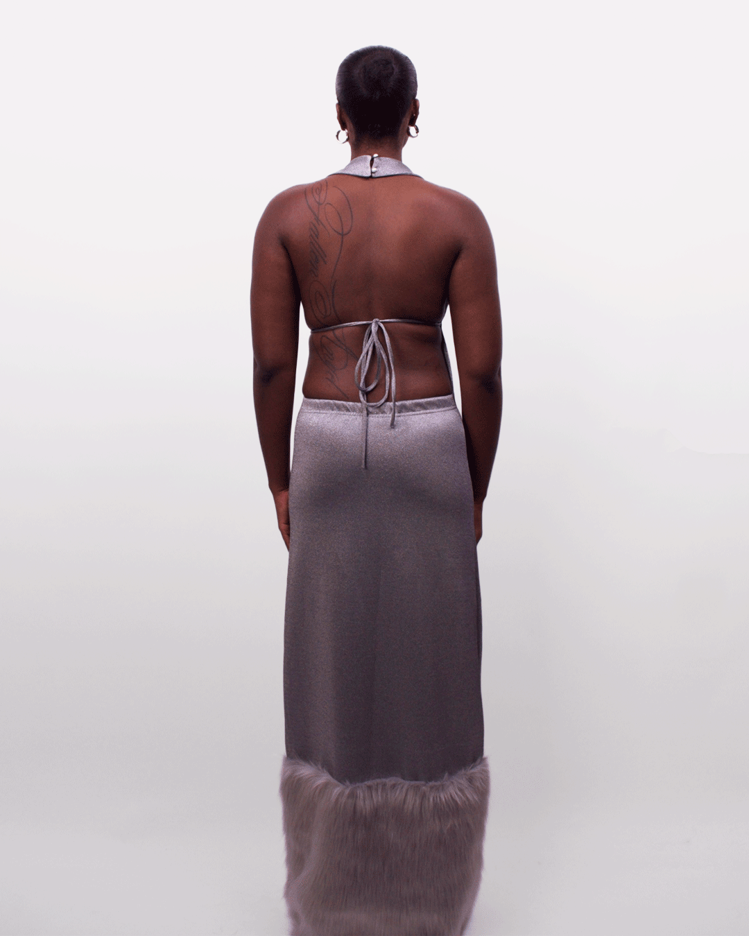 Silver Halter Fur-trim Dress