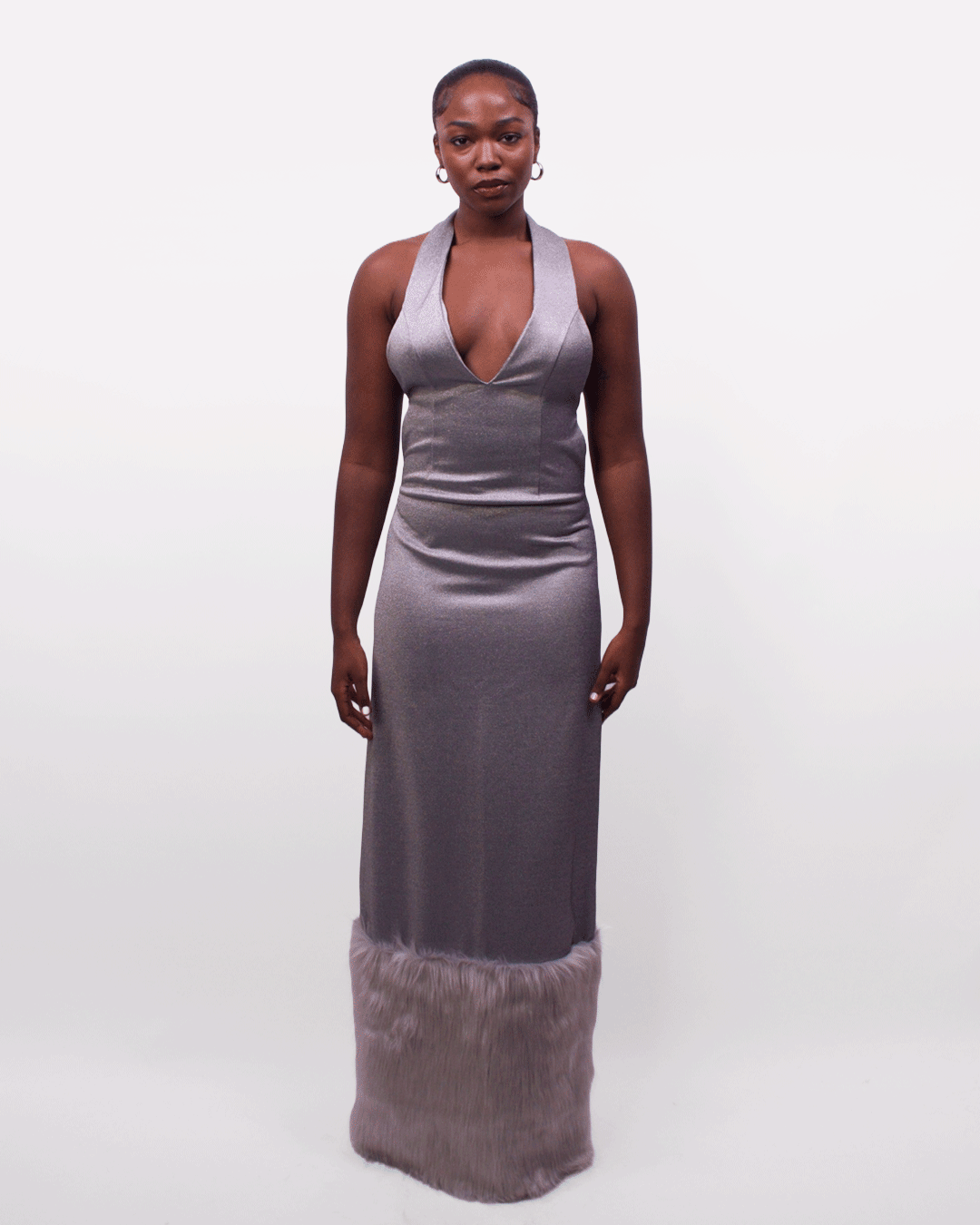 Silver Halter Fur-trim Dress